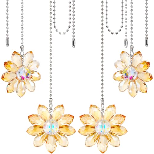 Image of Threehoney 4 Pieces Ceiling Fan Pull Chain Extender Light Pull Light Chain Extender Pack for Ceiling Fans Extension Pack Crystal Glass Flower Pendants with 22.8 Inch(Gold)