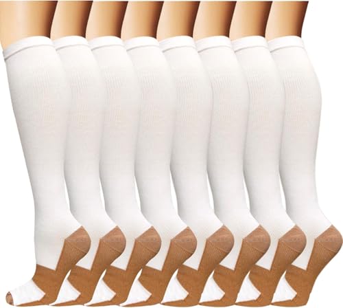 8 Pairs Graduated Copper Compression Socks for Men & Women 15-20mmHg Knee High Support Socks for Running Athletic Cycling