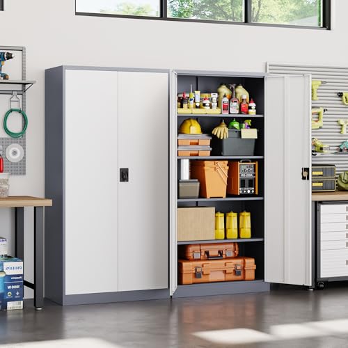 Image of Yizosh Metal Garage Storage Cabinet with Lock, 71 inch Locking Tool Cabinet with 2 Doors and 4 Shelves, Tall Steel Cabinet for Garage, Heavy Duty File Cabinet for Office, School (Gray White)