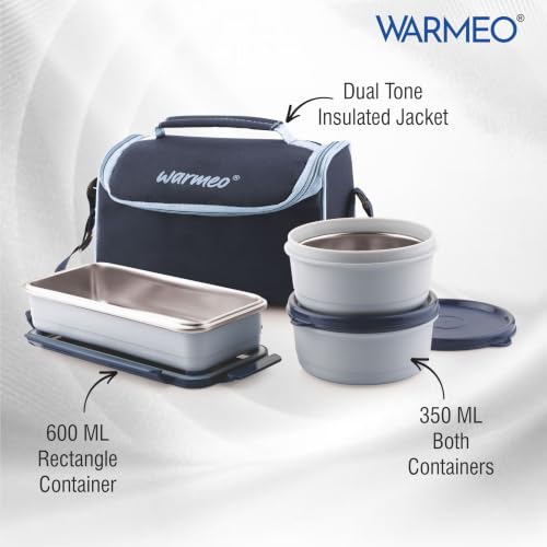 Image of WARMEO Micro Meal Microwave Safe Lunch Box | 1 Rectangular Container 600ml + 2 Round Container 350ml Each | BPA Free I Stylish Durable Jacket I Ideal for Office,School,Outdoor, Picnic,Blue