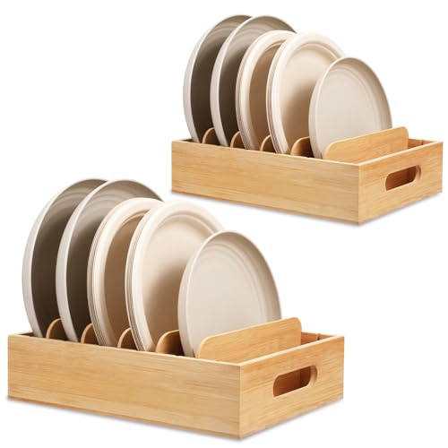 Qulkws 2 Pack Bamboo Lid Holder with 5 Adjustable Dividers Food Container Kitchen Cabinet Organizer...