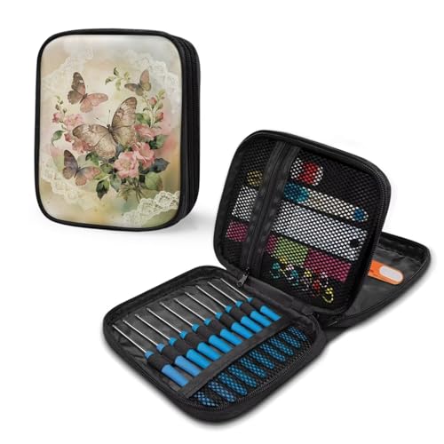 Image of Vanideaoty Butterfly Floral Crochet Hook Case Vintage Crochet Hook Organizer Without Accessories Knitting Needle Case for Knitting Supplies Holiday Decoration