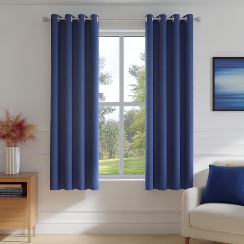 Image of FMFUNCTEX 100% Blackout Curtains for Bedroom, Navy Blue Curtains 54 Inches Long Textured Thermal Insulated Curtains for Living Room Drapes, Black Out Drapery Grommet Room Darkening 2 Panels