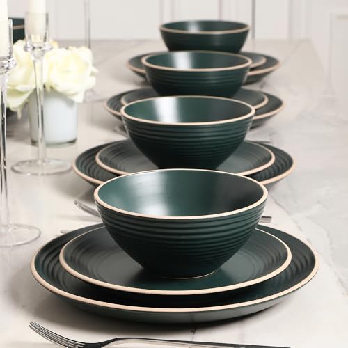 Image of Stone Lain Lauren Modern Stoneware 16-piece Round Dinnerware Set, Plates and Bowls Set, Dish set for 4, Dark Green