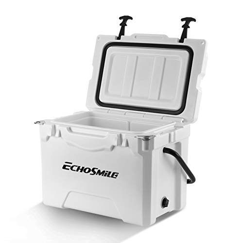 Echosmile 25 Quart White Rotomolded Cooler, Portable Ice Chest Cooler With Durable Handles, Fish Ruler, Cup Holder And Beer Openers, Keep Ice Up To 5Days For Camping, Fishing (30-Can Capacity) #TOP6