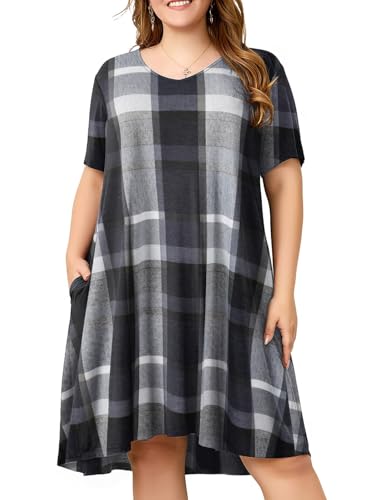 Image of OVERWORETY Womens Short Sleeve Plus Size T-Shirt Dress V Neck Casual Loose Swing A-Line Summer Tunic Dresses with Pockets