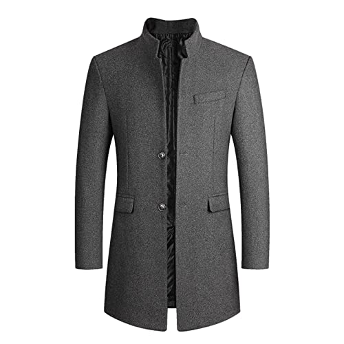 Generisch Abrigo de invierno para hombre, moda casual, de una sola hilera, con bolsillos, abrigo de lana, de longitud media, chaqueta de viento, gris, L