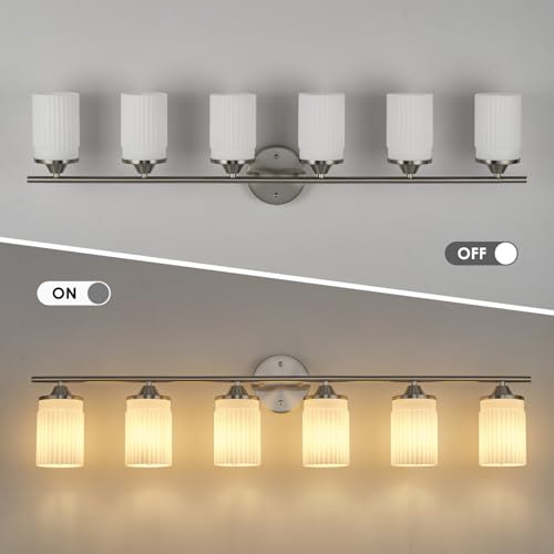 Image of Jonsi Nickel Bathroom Light Fixtures 6-Light Vanity Lights Modern Wall Sconce with Milk White Shade Brushed Nickel Bathroom Light Fixture Over Mirror for Bedroom Hallway Kitchen