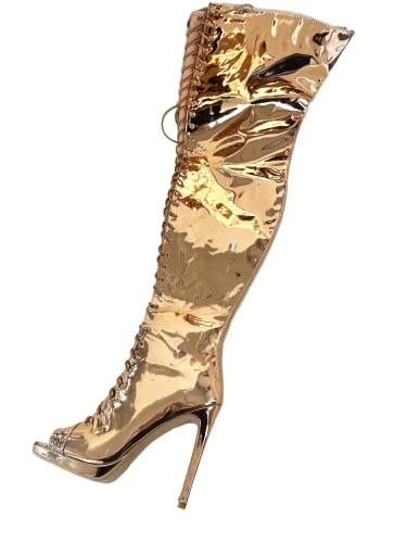 Frankie Hsu Sexy Unisex Platform Stiletto Over Knee Thigh High Long Boots, Gold Patent Peep Toe Lace Up Fashion Style, Big Large Size US4-19 Punk Shoes For Women Men