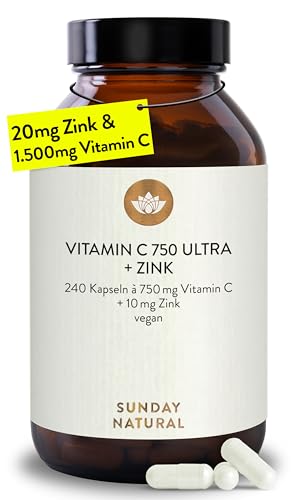 SUNDAY NATURAL Vitamin C Zink 1500mg Vitamin C und Zink 20 mg pro Tagesdosis exklusiver PureWay Komplex aus den USA schnelle Absorption mit Bioflavonoiden vegan 240 Kapseln