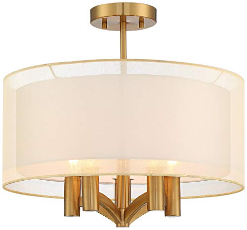 Possini Euro Design Caliari Modern Close To Ceiling Light Semi Flush Mount Fixture 18" Wide 5-Light Warm Brass Gold Double Drum Shades For Bedroom Hallway Living Room Dining Room Bathroom Kitchen #TOP1