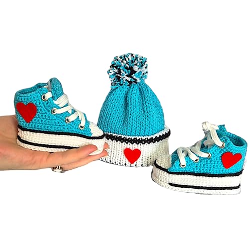 Turquoise Crochet Baby Booties & Beanie Set, Newborn Custom Sneakers, Handmade Infant Shoes, Soft Sole Knit Baby Boots, Newborn Baby Gift