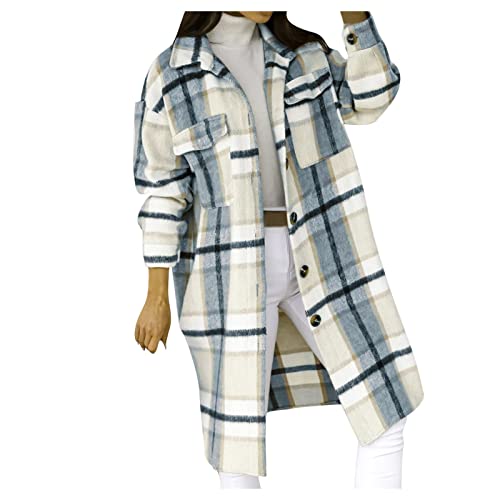 Women's Long Flannel Plaid Jacket Shacket Cozy Lapel Button Down Shirt Outerwear Casual Warm Fuzzy Trench Coat