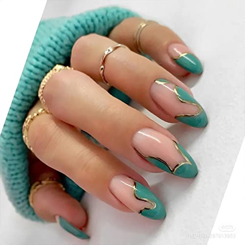 Ezpieces French Tip Press on Nails Medium Length, Oval Long Fake Nails Coffin with Glue, Green&Gold Line Acrylic Glue on Nails for Women/Daily/Party, 24PCS/Set