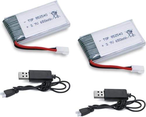 Tosiicop Batteria Lipo da 3,7 V, 650 mAh, ricaricabile, 2 pezzi, con spina USB XH2.54, caricatore...