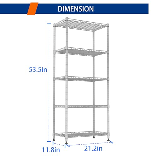 Image of REGILLER 5-Wire Shelving Metal Storage Rack Adjustable Shelves,Standing Storage Shelf Units for Laundry Bathroom Kitchen Pantry Closet(Silver,11.8 inch D x 21.2 inch W x 53.5 inch H)