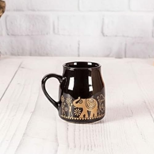 Image of Premium Ceramic Tea Set with Teapot and 6 Cups, Black with Gold Elephant Design, Traditional Indian Theme. (Black)