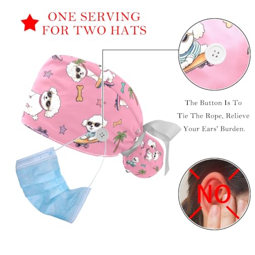Image of 2 PCS Bouffant Cap with Button Ponytail Pouch Working Cap Sweatband Adjustable Surgical Cap Black and White Cow