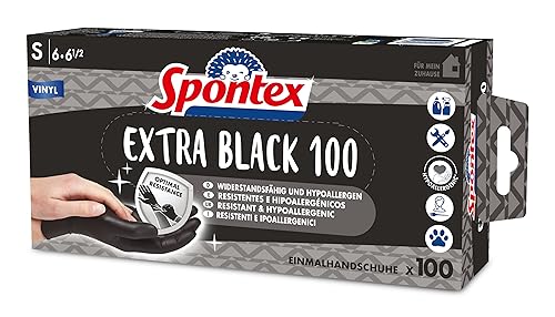 Spontex Extra Black Einmalhandschuhe aus Vinyl, ungepudert und latexfrei, vielseitig einsetzbar, in praktischer Spenderbox, Größe S, 100er Pack, schwarz