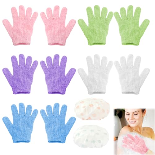 UOCAI 10 Piezas Guante Exfoliante Corporal y 2 gorro de ducha, Guantes De BañO De Cinco Dedos Manoplas Baño Guantes Exfoliantes para Exfoliar Cuerpo y Cara para Mujeres Ducha Spa Masaje