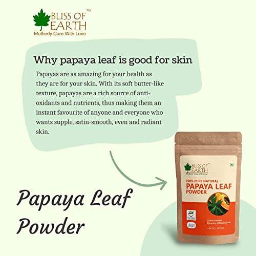 BLISS OF EARTH 100% Pure Papaya Leaf Powder Carica Papaya Helps Digestion & Increases Platelets Anti-Oxidant Skin Rejuvenation 100Gm