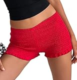 Women Y2k Gingham Boy Shorts Bloomers Cute Smocked Plaid Pajama Shorts Shirred Frilly Micro Shorts Pettipants(797 Red,Medium)