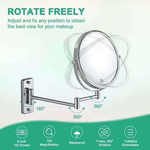 Espejo de maquillaje montado en la pared, espejo de aumento 3X de doble cara, altura ajustable, extensible de 8 pulgadas para tocador de baño, base redonda dorada