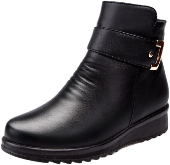 Women's Metal Buckle Leather Wool Orthopedic Boots,Winter Warm Slip On Fur Lined Snow Boots with Side Zipper