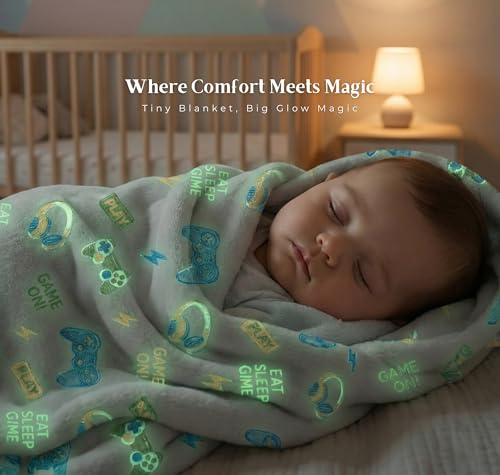 Image of BSB HOME Glow in The Dark Kids Blanket, Soft Flannel Fleece Luminous Blanket for Boys & Girls, Cozy Lightweight Kids Throw for Bed - 30 x 40 in (76 x 102 cm) (Game On Theme - Light Grey)