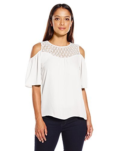 NY CollectionWomen's Petite Size Solid Elbow Angel Sleeve Cold Shoulder Top with Shirring at Front and Back Yoke