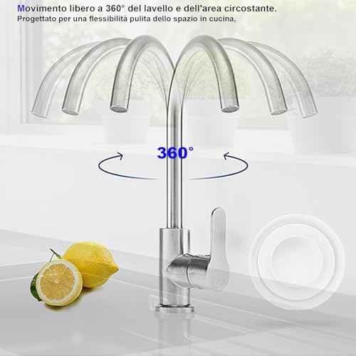 XWIHTR miscelatore rotante a 360° caldo e freddo per cucina in acciaio inox, miscelatore monocomando per lavello doppio, antigoccia con rubinetto silenzioso per lavello per verdure (spazzolato)