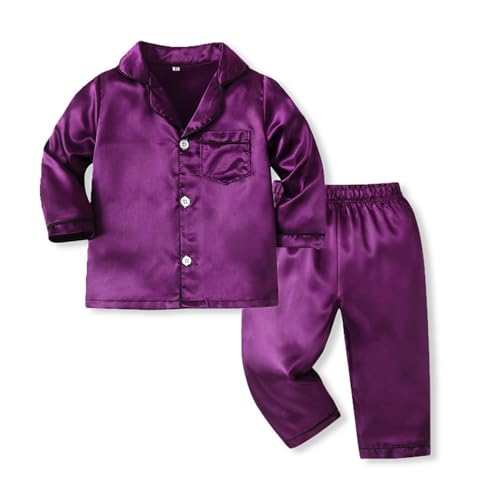 2pc Satin 𝐏ajamas Sets for Toddler Solid Long Sleeve Buttons Shirt 𝐏𝐉 Pants Outfits Summer L𝐨unge Sl𝐞epwear Clothes3