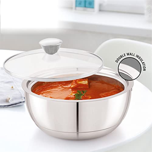 Image of ANJALI EPSB150 Stainless Steel Elite Pro Double Walled Insulated Serving Bowl with Glass Lid 1600 ml
