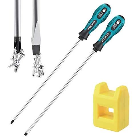 IEBUOBO 10-inch long Screwdriver Magnetic Tip Cross Head Flat Head NO.2 Screwdriver 2 Packs, With Magnetizer/Demagnetizer Tool Cover