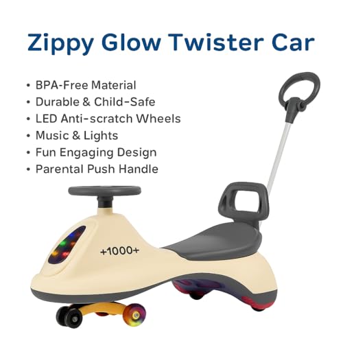 Image of Zippy Glow Twister Car | BPA-Free Ride-On Toy with LED Anti-Scratch Wheels, Music & Lights | Fun Engaging Design with Parental Push Handle | Durable & Child-Safe Baby Ride-On Car (Cream)