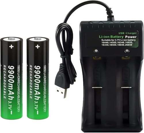 CWUU 3.7V 18650 Rechargeable Battery 9900mAh Universal Smart Charger for 3.7V Rechargeable Battery 26650 14500 16340 241014-2S (Button Top, 2 Pack+2 Bay Battery Charger)