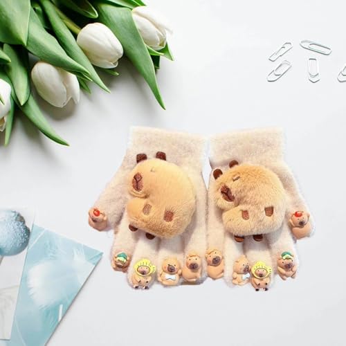 2 Pair Capybara Plush Gloves Children Winter Gloves 3D Capybara Plush Gloves Five Finger Cold-Proof Gloves for Winter Outdoors3