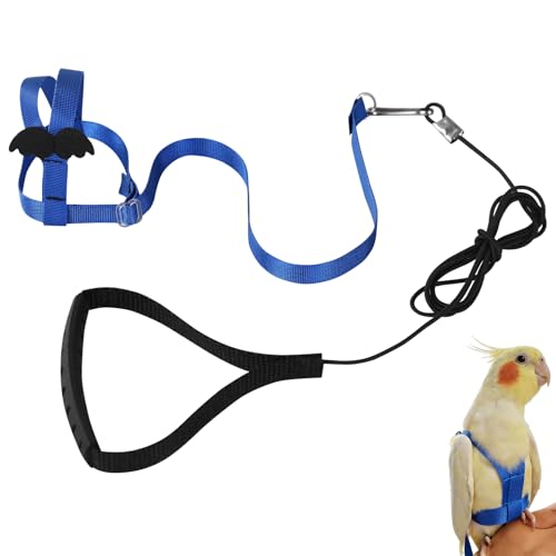 Verstellbares Geschirr für Papageien Vogel Geschirr Leine für draußen zum Trainieren von Fliegen Leine gegen Beißen elastisches Band für Vögel Papageien Kakadus Aras (Blau, S)