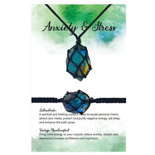 Quelay 2 Pcs Healing Crystal Necklace and Bracelet Natural Crystal Necklace Women Gift with Woven Rope and Card for Women Men