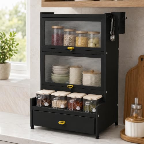 Image of Kitchen Storage Cabinet | Kitchen Cabinet with 2 Layer Kitchen Organiser, Drawer, 4 Storage Boxes & Side Holders | Dustproof Space Saving Carbon Steel Shelf | Black 41 CM, Pack of 1