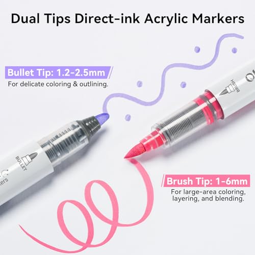 Image of Ohuhu Acrylic Markers Set Direct Liquid: 24 Pack Flexible Dual Tips Brush & Bullet Acrylic Paint Pens High Opacity Waterproof Lightfast for Rock Painting Easter Egg Wood Glass Ceramic Canvas