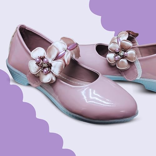 Image of Girls' Patent Mary Jane Shoes with Floral Embellishment, Attractive Colour's, Pearl Flower Welcro Bellies |DMND-3|