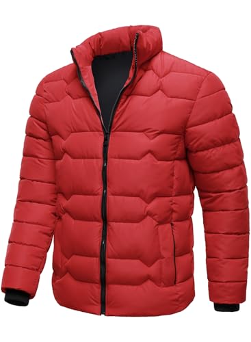 HOOD CREW Mens Puffer Jackets Lightweight Warm Winter Coats Stand Collar Full Zip Windproof Insulated Jacket Red 3XL
