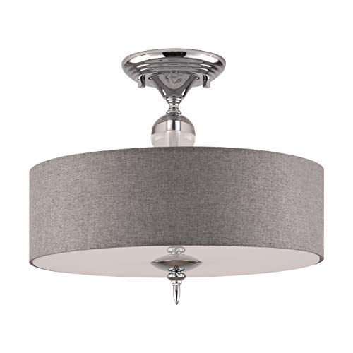 PAPAYA 15 Modern 3-Light Drum Pendant Chandelier, Gray Fabric Shade, Tempered Glass Diffuser, Brushed Nickel FinishÂ…