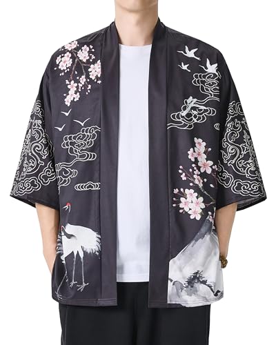 Image of PRIJOUHE Men's Lightweight Kimono Jacket Seven Sleeve Open Front Cardigan Coat Japanese Style Bathrobe