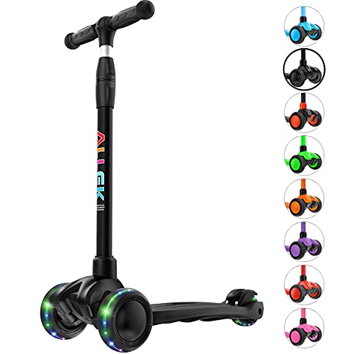 Image of Allek Kick Scooter B03, Lean 'N Glide 3-Wheeled Push Scooter with Extra Wide PU Light-Up Wheels, Any Height Adjustable Handlebar and Strong Thick Deck for Children from 3-12yrs (Black)