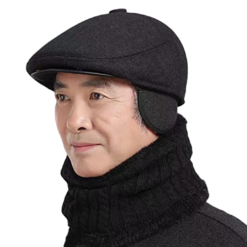 Homme D'hiver Plate Béret Casquette Automne Hiver Casquette Plate pour Homme Vintage Chaud Gavroche Casquette Chapeau de Conduite avec Pliable Cache-Oreilles pour Garçon, Grand-père et Personnes âgées Cover
