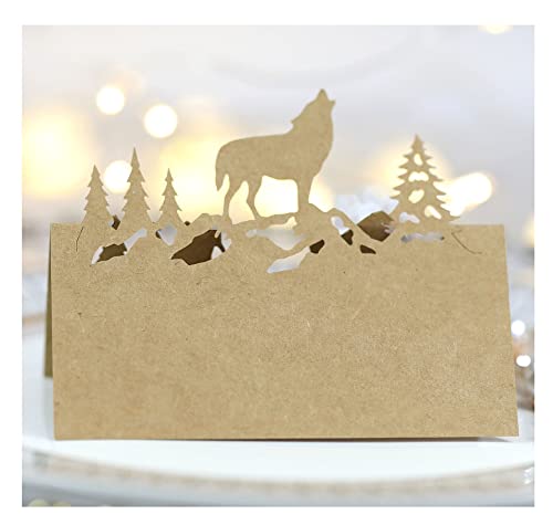 Jilibaba Tischkarte, ausgehöhlt, Wald, Wolf, Namenskarte, Zeltkarte, gefaltete Sitzkarte für Hochzeit, Party, Geburtstag, 50 Stück, braun Cover