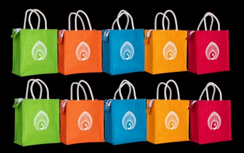 Image of Soman Jute Ecofriendly Return Gift Bags Peacock Printed Multicolor bags with Zip Pack of 10 Bags