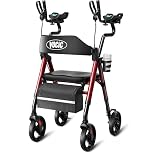 VOCIC Rollator for Seniors, Upright Walker with Adjustable Armrests, GelCool Stand Up Walker with Ergo Seat & Backrest, 20cm All Terrain Rollator with 136KG Capacity, Cup& Cane Holder